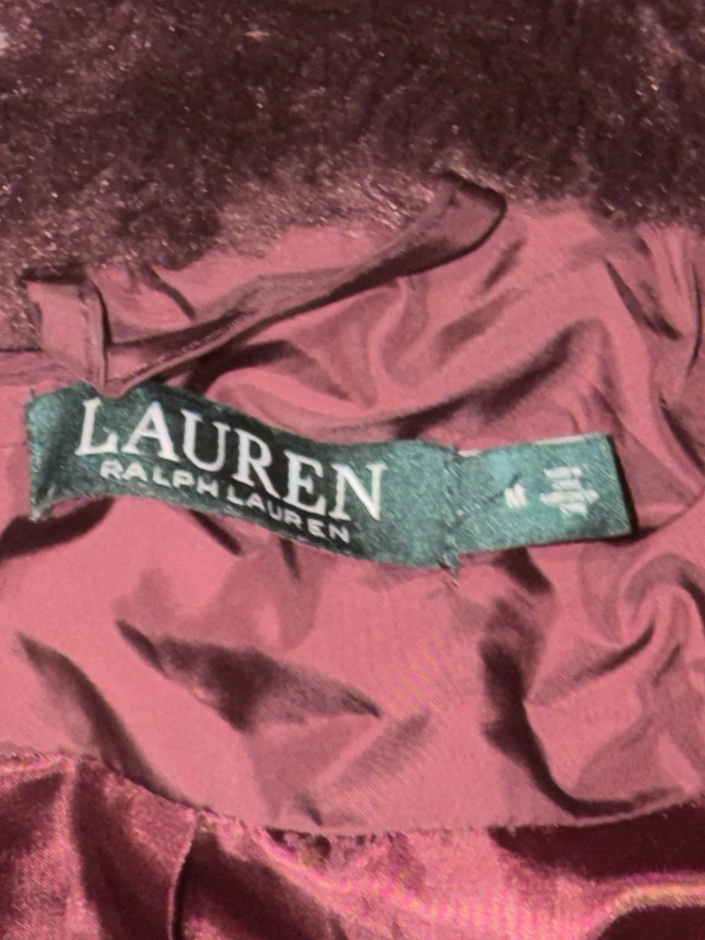 Ralph Lauren Deep Plum Long Puffer Coat with Faux Fur Hood Medium
